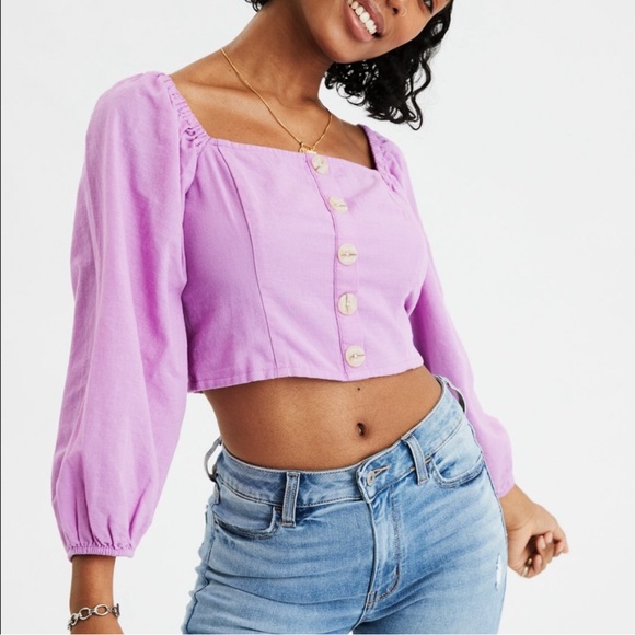 American Eagle Outfitters Tops - AMERICAN EAGLE • Square Neck Button Front Lilac Long Sleeve Peasant top - Small